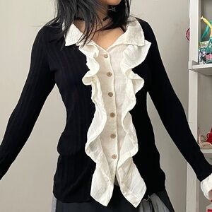 Anthropologie black knit sweater cardigan with ruffles